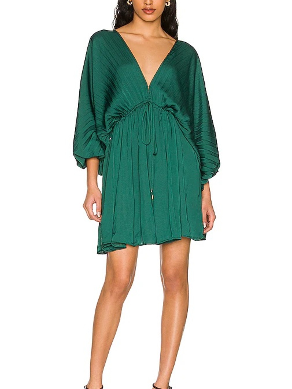 Free people Emerald Green V-Neck Mini Dress with Tie Waist - Picture 2 of 11